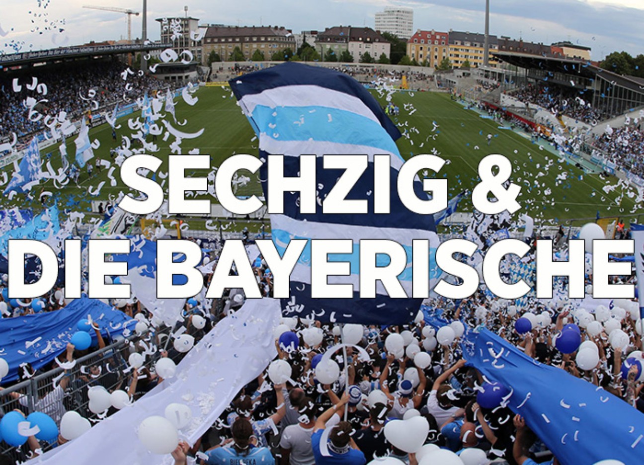 Im Hintergrund Tribüne des Stadion des TSV 1860, im Vordergrund Schriftzug "Sechzig und die Bayerische"