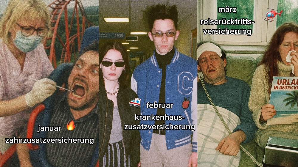 Zusammenschnitt verschiedener lustig dargestellter Versicherungen