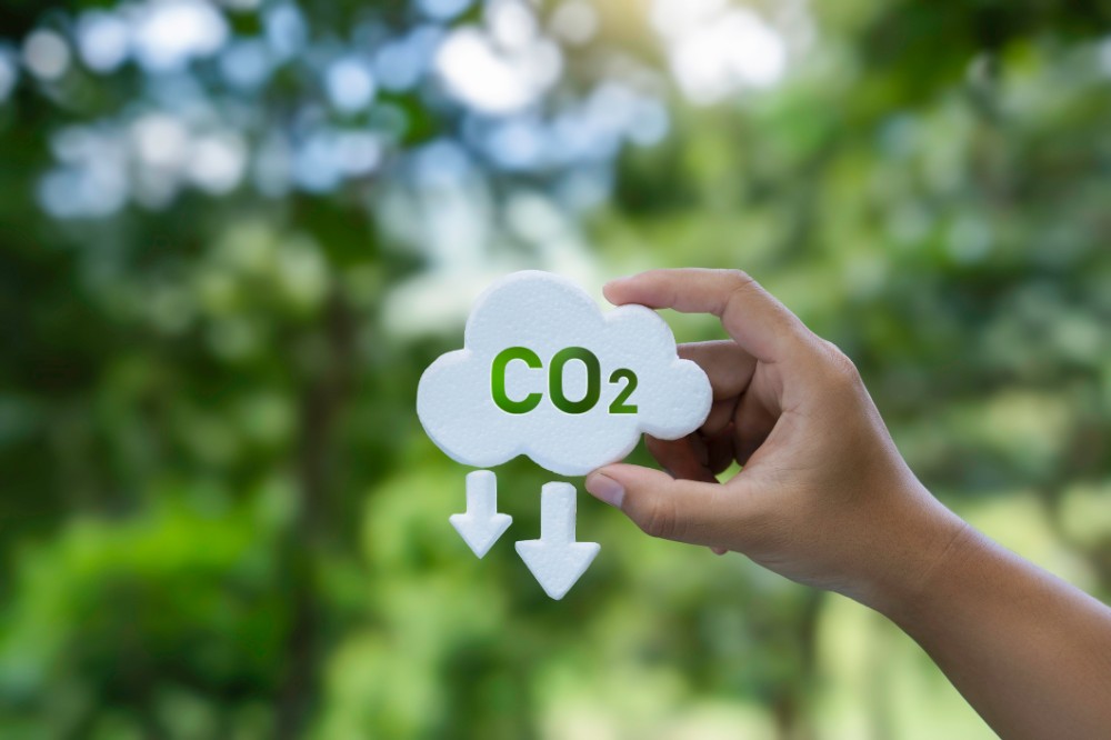 CO2-Reduzierung Eine Hand hält eine kleine Wolke hoch, die CO2-Reduzierung symbolisiert