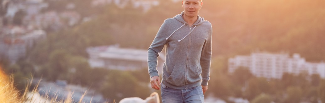 Ein Mann spaziert mit seinem Hund auf einer Wiese spazieren. Im Hintergrund ist eine Stadt zu sehen. 