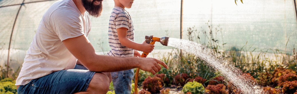 Ein Mann und ein kleiner Junge bewässern zusammen mit einem Wasserschlauch Pflanzen im Garten. 