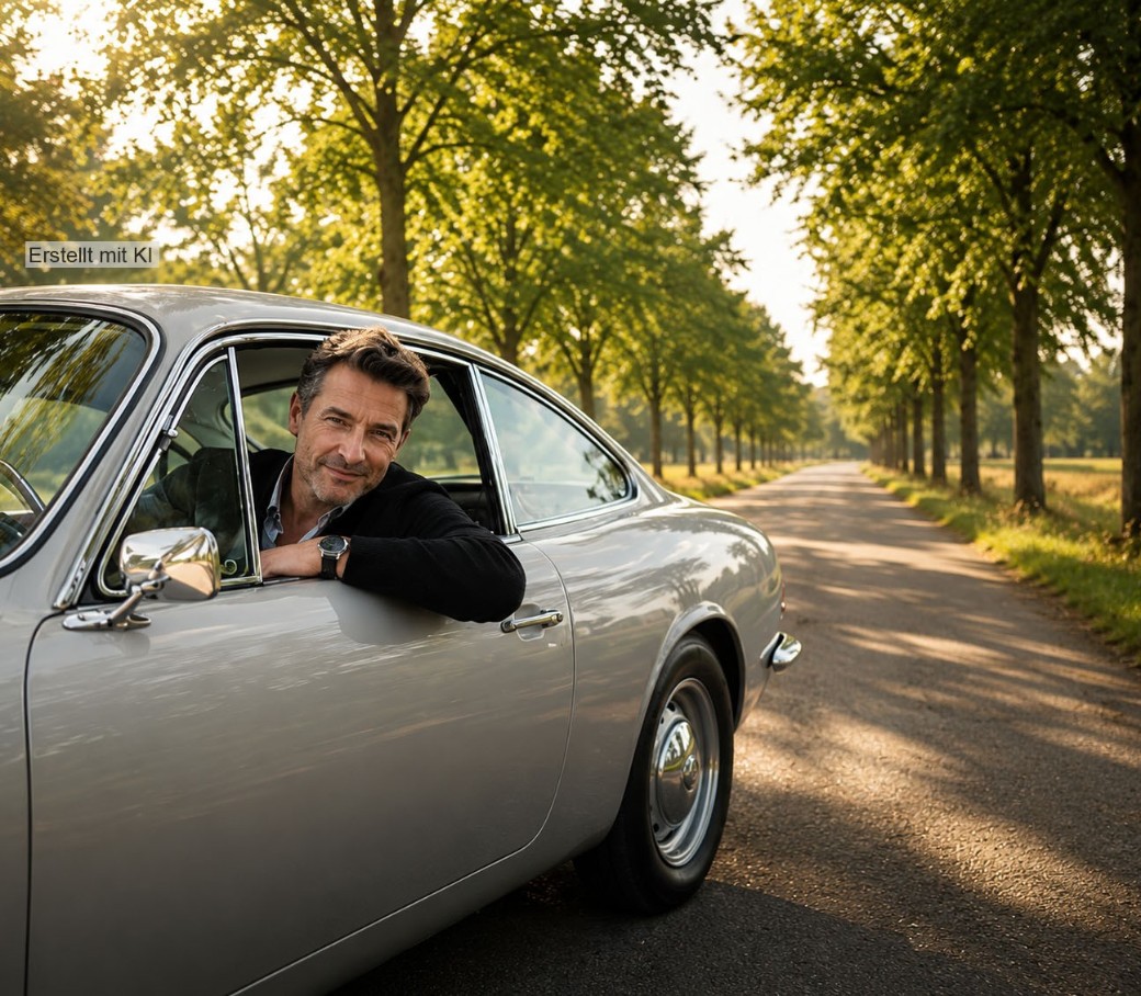 Mann mit kurzen Haaren lehnt sich aus dem Fenster seines Oldtimer Sportwagens. Bild mit KI generiert.