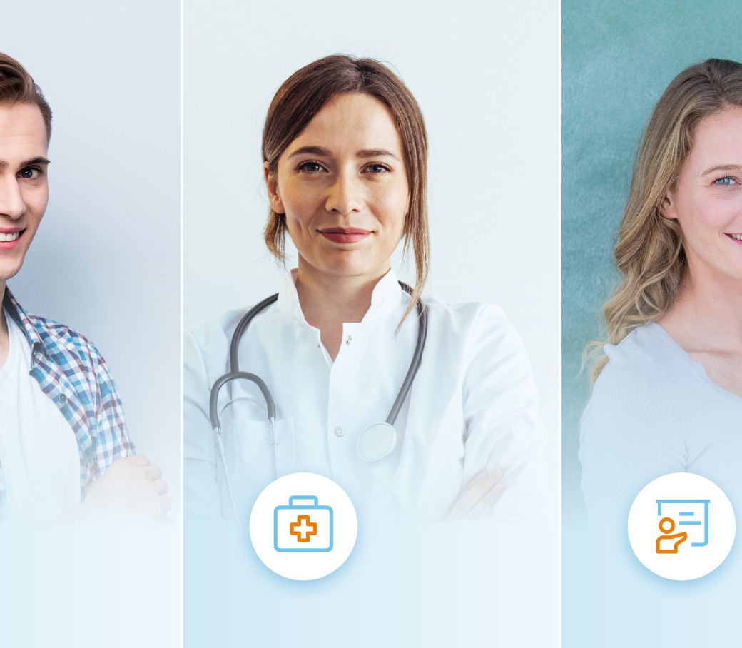 Drei Personen sind separat voneinander dargestellt und mit einem Icon wird ihr Beruf dargestellt. Von links nach rechts sind dies ein Handwerker, eine Ärztin und eine Lehrerin.