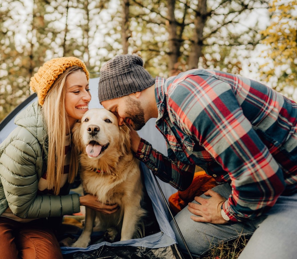 Frau mit gelber Mütze und Mann mit kariertem Hemd beim Camping mit Golden Retriever
