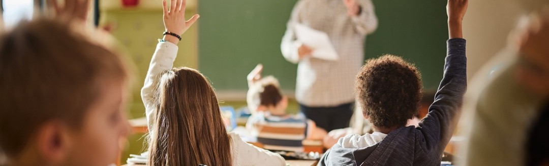 Ein Lehrer steht vor einer Klasse von jungen Kindern an der Tafel und fragt etwas ab. Mehrere Kinder melden sich. 