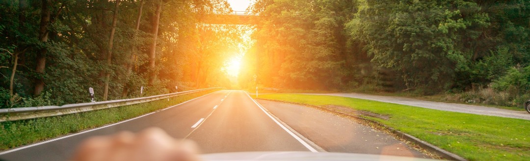 Eine zusehende Hand am Lenkrad eines Autos. Das Auto fährt eine Landstraße im Sonnenuntergang entlang. 