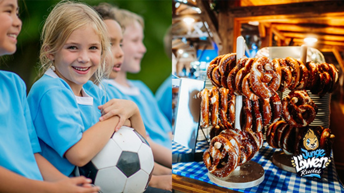 Zweigeteiltes Bild: Links mehrere Kinder des jungen Löwenrudels und rechts Brezen Zweigeteiltes Bild: Links mehrere Kinder des jungen Löwenrudels und rechts Brezen