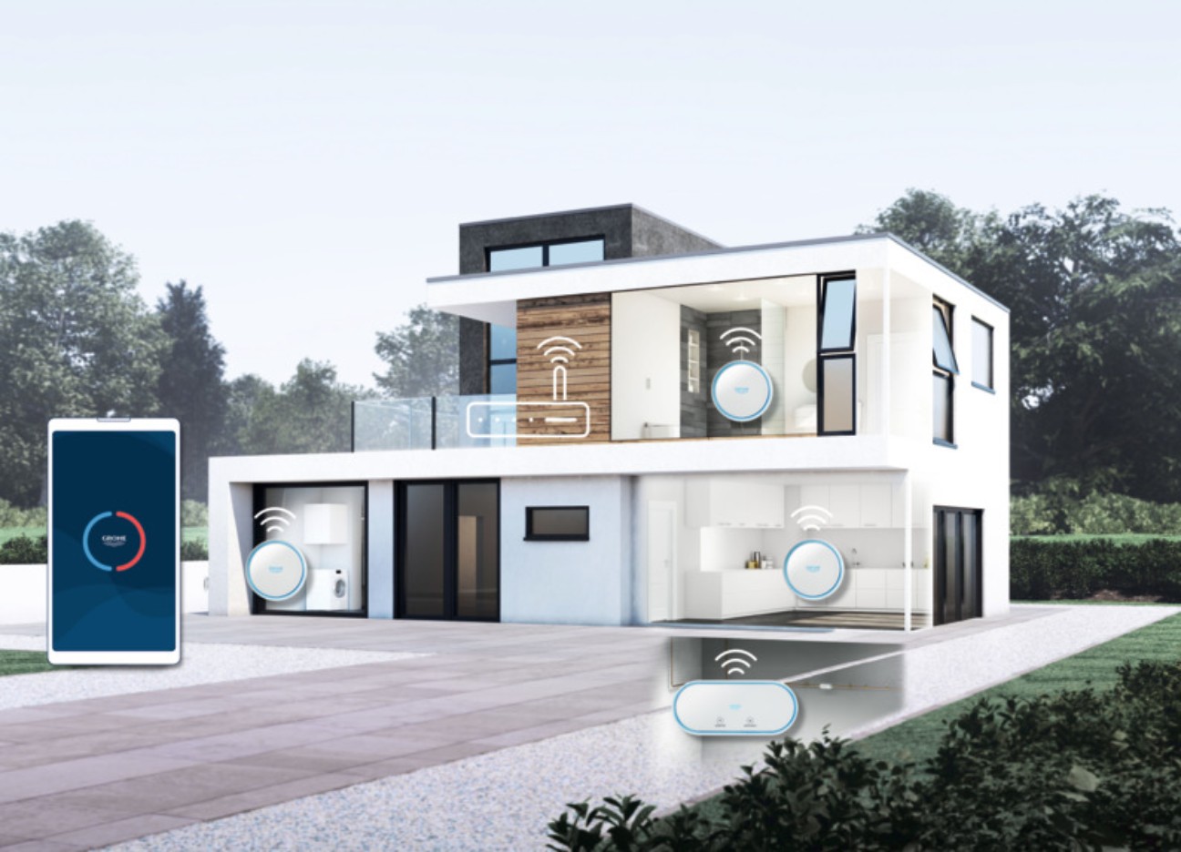 Grohe Aktion Header Das Bild erklärt, wo die App-Steuerung der Grohe-Geräte im Haus zum Einsatz kommen kann.