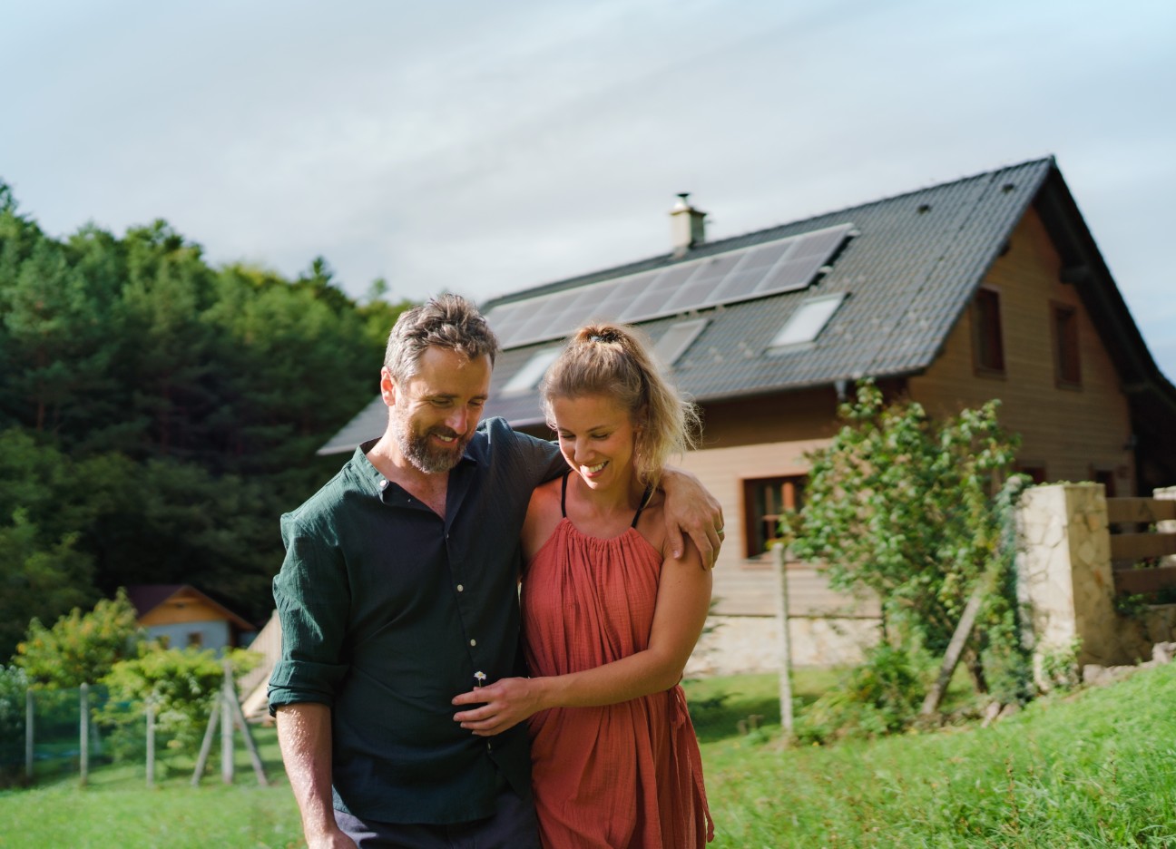 Mann und Frau stehen Arm in Arm im Garten eines Einfamilienhauses