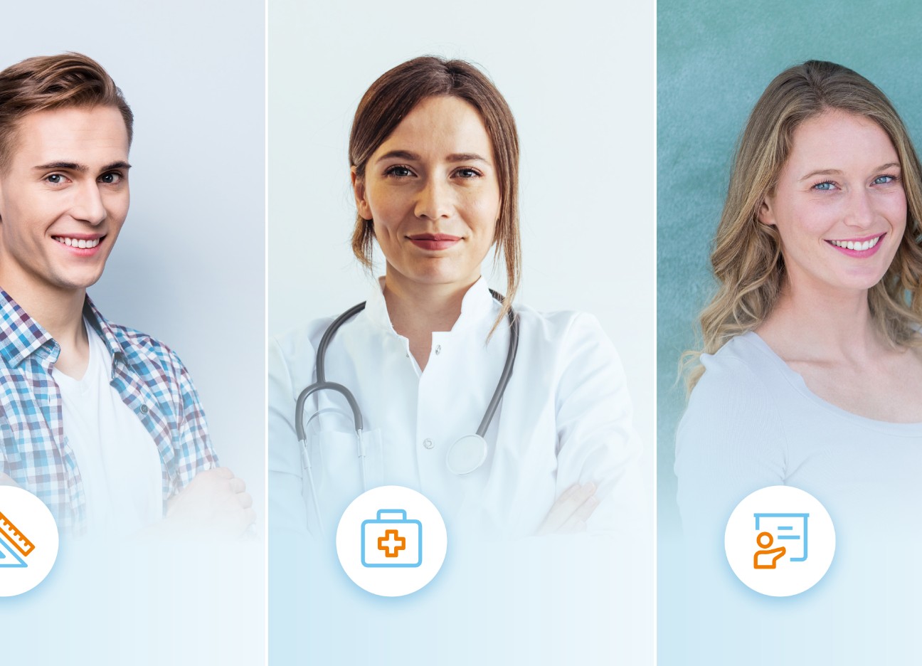 Drei Personen sind separat voneinander dargestellt und mit einem Icon wird ihr Beruf dargestellt. Von links nach rechts sind dies ein Handwerker, eine Ärztin und eine Lehrerin. Drei Personen sind separat voneinander dargestellt und mit einem Icon wird ihr Beruf dargestellt. Von links nach rechts sind dies ein Handwerker, eine Ärztin und eine Lehrerin.
