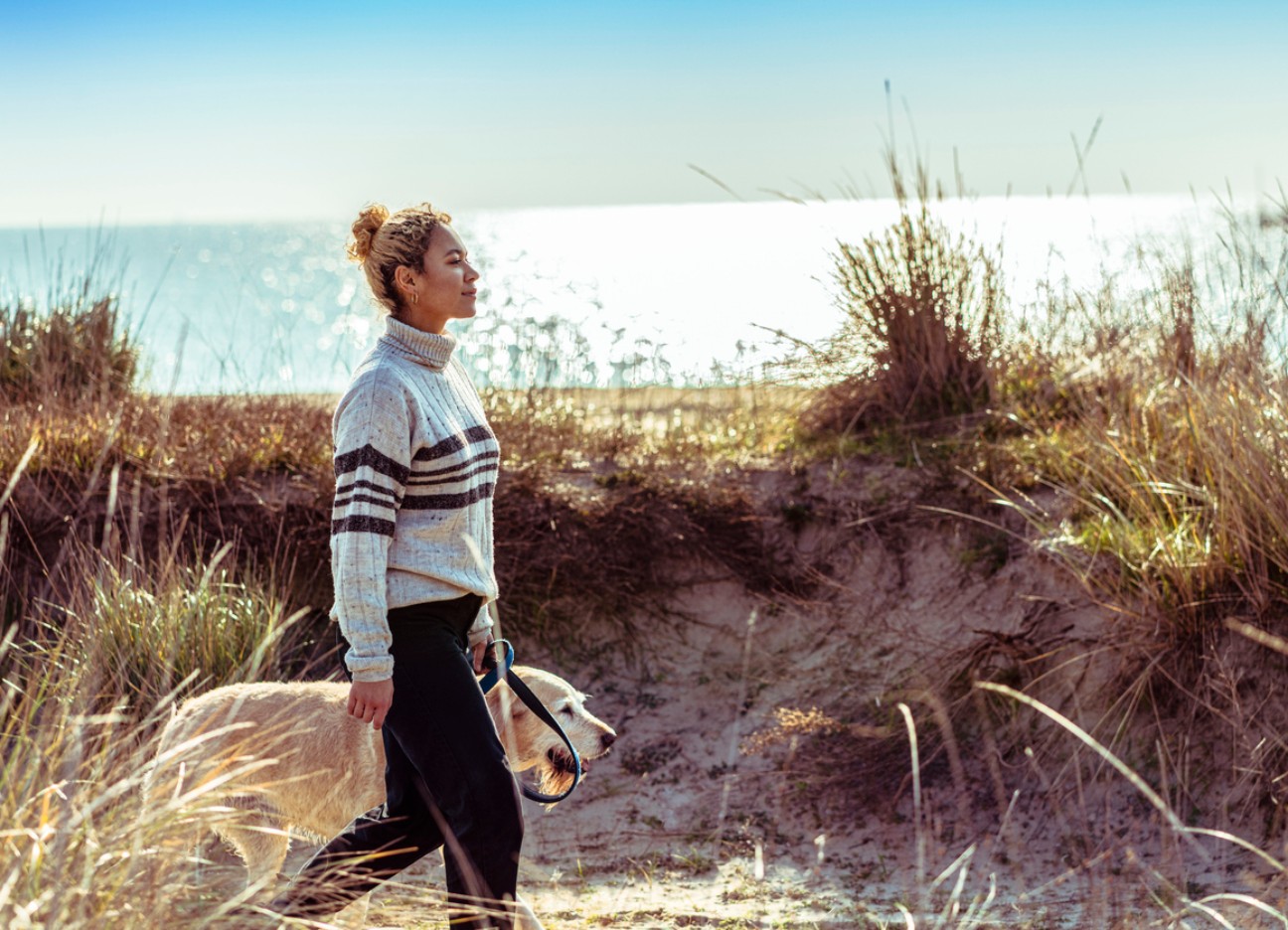 Eine Frau geht mit einem Hund an der Küste entlang, umgeben von Dünen und Meer im Hintergrund.