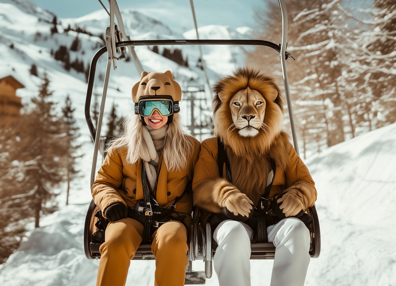 KI-generiertes Bild von einer jungen Frau und einem Lösen in einem Skilift KI-generiertes Bild von einer jungen Frau und einem Lösen in einem Skilift