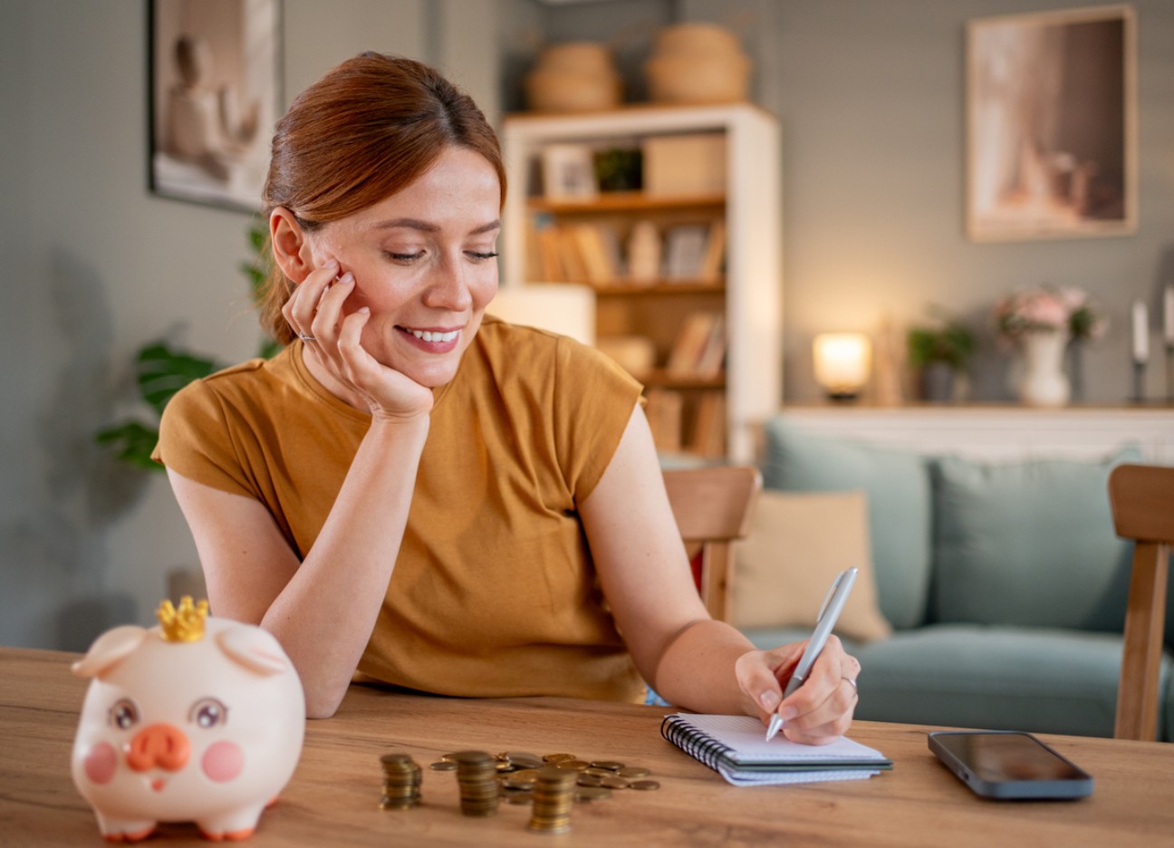 Eine junge Frau sitzt am Tisch und notiert etwas. Auf Tisch steht ein Sparschwein.