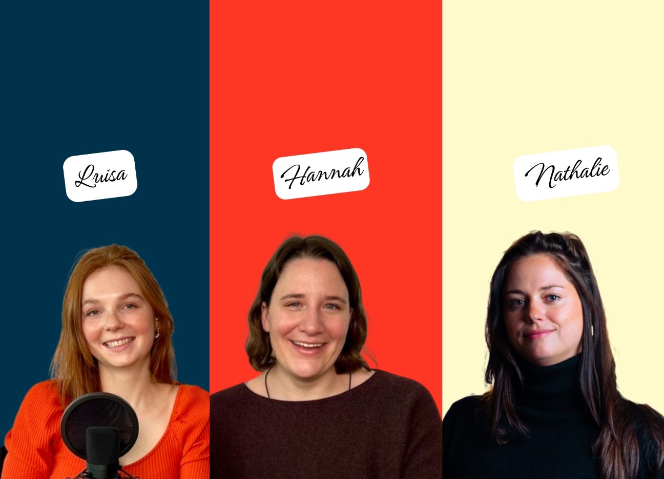 Portraits der drei Personen hinter dem Podcast FRAUSICHERT - Luisa, Hannah und Nathalie