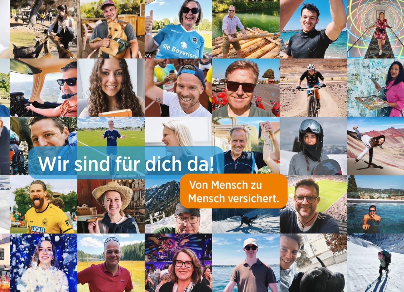 Collage aus vielen Gesichtern von Menschen bei verschiedenen Freizeitbeschäftigungen; Schriftzug "Wir sind für dich da. Von Mensch zu Mensch versichert."