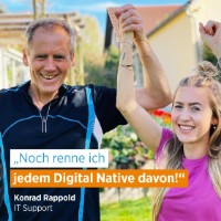 Konrad Rappold neben junger Frau; Schriftzug "Noch renne ich jedem Digital Native davon!"