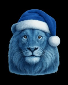 Blauer Löwe mit Weihnachtsmütze