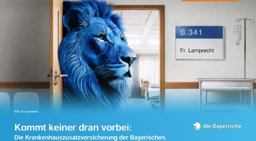 Kampagnenmotiv zur Gesundheitsreform mit blauem Löwenkopf in einem Krankenhauszimmer- Bild KI-generiert - Das Bild wurde mit KI generiert.