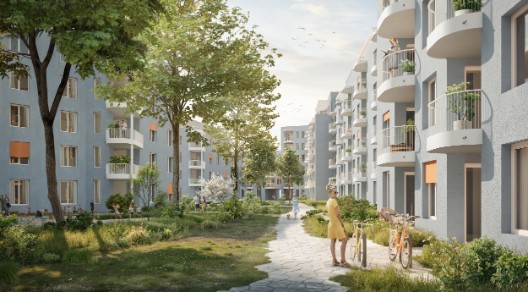 Computer-Visualisierung der Gartenanlage eines modernen Neubau-Komplexes