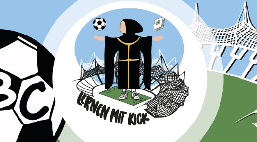 Illustration eines Fußballstadions mit einer Figur in Mönchskleidung, die einen Fußball und ein Buch hält, und dem Text "Lernen mit Kick". Illustration eines Fußballstadions mit einer Figur in Mönchskleidung, die einen Fußball und ein Buch hält, und dem Text "Lernen mit Kick".