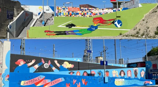 Zwei farbenfrohe Wandgemälde zum Thema Frauenfußball am Münchner Südbahnhof mit spielenden Fußballerinnen und Botschaften wie „Football is Female“ und „Equal Game – Equal Fame“.