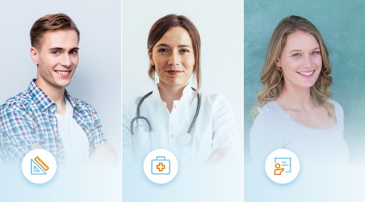 Drei Personen sind separat voneinander dargestellt und mit einem Icon wird ihr Beruf dargestellt. Von links nach rechts sind dies ein Handwerker, eine Ärztin und eine Lehrerin.