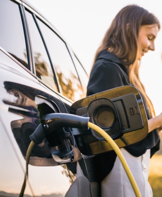 Eine Frau steht neben einem Elektroauto, das gerade aufgeladen wird und schaut auf ihr Smartphone.