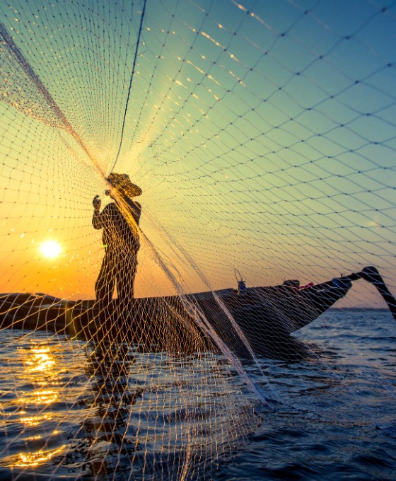 Im Sonnenaufgang wirft ein Fischer sein Fischernetz aus. Er steht auf einem kleinen Boot.