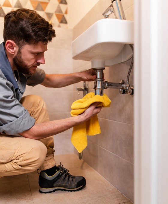 Ein Klempner hält einen Lappen über ein Siphonleck unter einem Waschbecken.