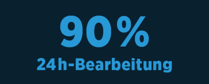Teaserkachel, auf der "90% 24 h-Bearbeitung" steht
