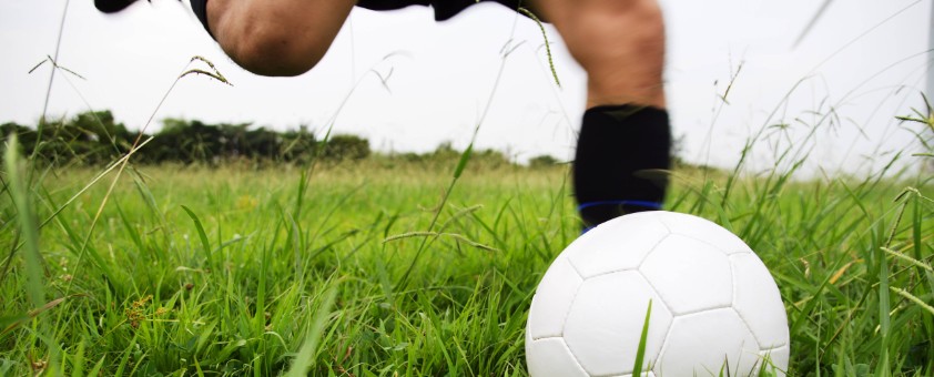 Ein weißer Fußball im Gras.
