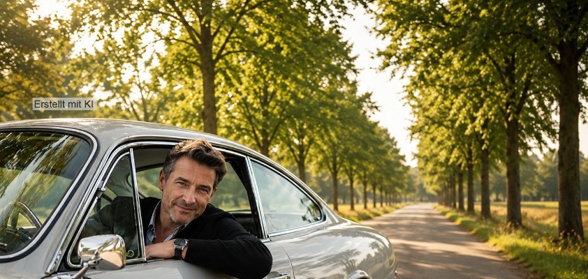 Mann mit kurzen Haaren lehnt sich aus dem Fenster seines Oldtimer Sportwagens. Bild mit KI generiert.