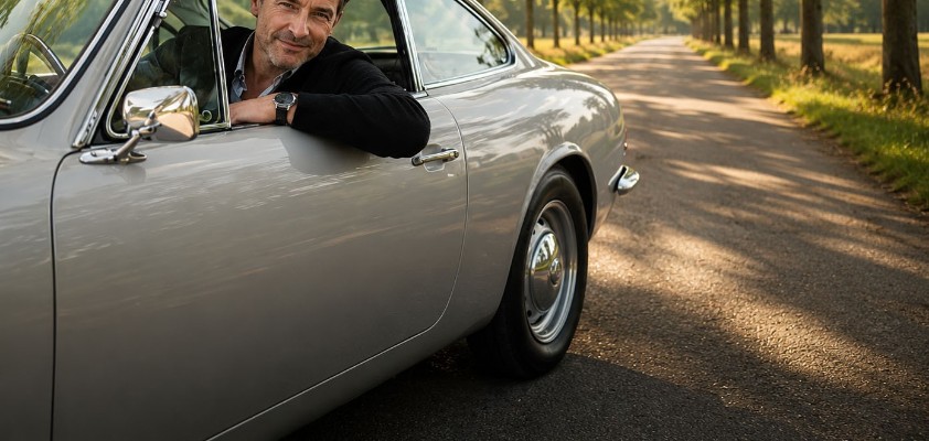 Mann mit kurzen Haaren lehnt sich aus dem Fenster seines Oldtimer Sportwagens. Bild mit KI generiert.