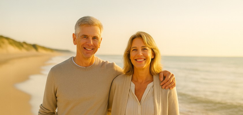 Ein Mann und eine Frau gehen Arm in Arm am Strand spazieren