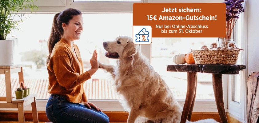 Ein Hund gibt einer Frau die Pfote. Schrift im Vordergrund: "Jetzt sichern: 15€ Amazon-Gutschein!"