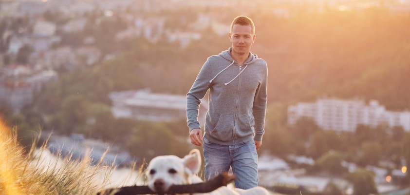 Ein Mann spaziert mit seinem Hund auf einer Wiese spazieren. Im Hintergrund ist eine Stadt zu sehen. 