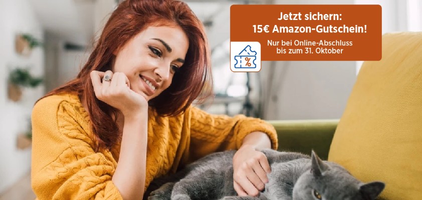 Ein Frau krault eine Katze. Schrift im Vordergrund: "Jetzt sichern: 15€ Amazon-Gutschein!"