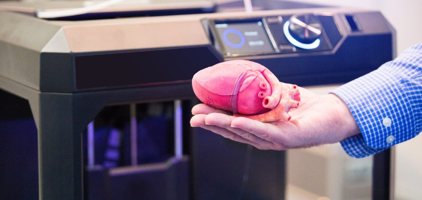 Ein Mann hält ein Herz (Organ), welches aus einem 3D-Drucker stammt. 