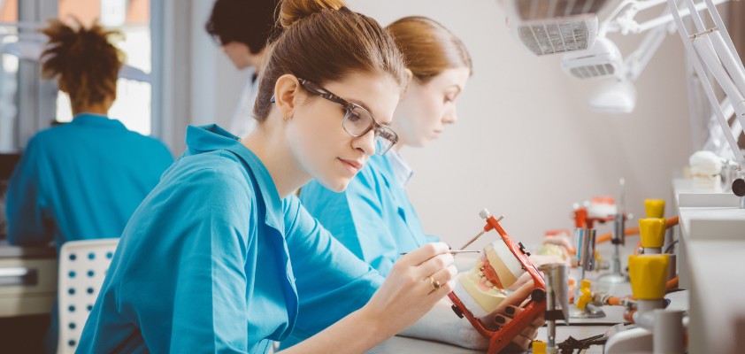 Eine Zahnarzthelferin sitzt in einem Labor und arbeitet an einem Gebissmodell. 