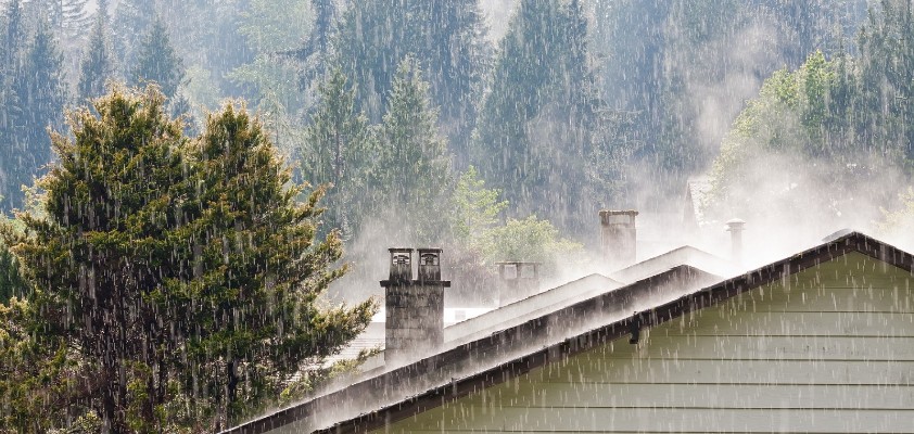 Regen fällt auf die Dächer von Häusern, umgeben von einem Wald.
