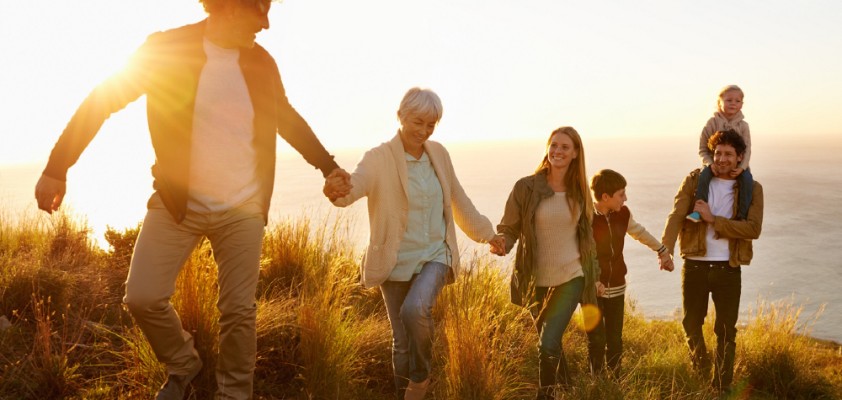 Eine Familie, bestehend aus 4 Erwachsenen und 2 Kindern, läuft Hand in Hand eine Wiese entlang zu goldener Stunde.