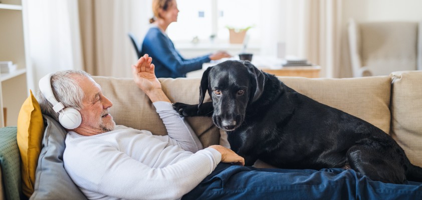 Ein älterer Mann in Anzug liegt mit Kopfhörern auf dem Kopf auf dem Sofa. Neben ihm ein schwarzer Hund. 