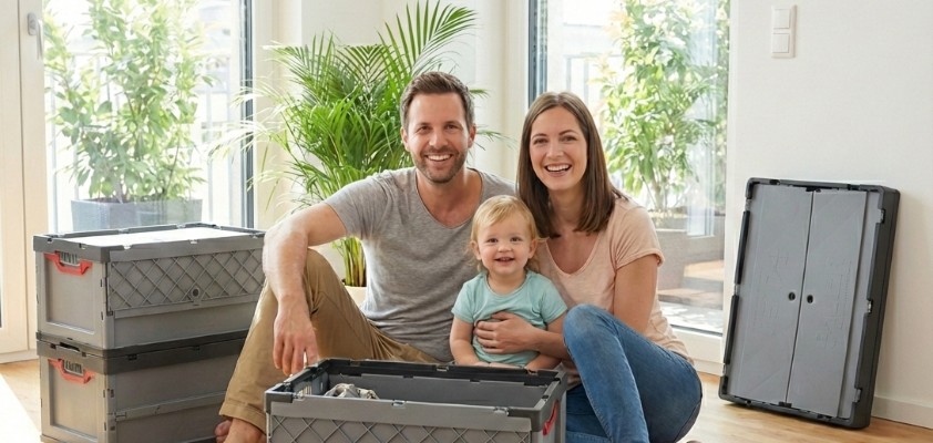 Eine lächelnde Familie sitzt in einem hellen Wohnraum zwischen grauen Umzugsboxen
