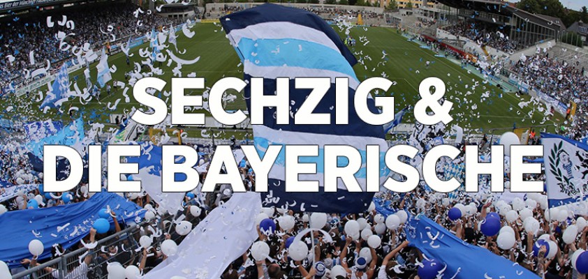 Im Hintergrund Tribüne des Stadion des TSV 1860, im Vordergrund Schriftzug "Sechzig und die Bayerische"