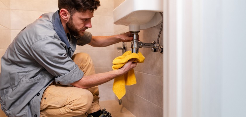 Ein Klempner hält einen Lappen über ein Siphonleck unter einem Waschbecken.