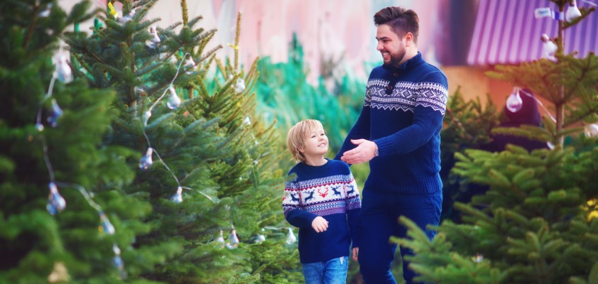 Ein junger Vater und sein Sohn suchen gemeinsam einen Weihnachtsbaum bei einem Verkauf aus.