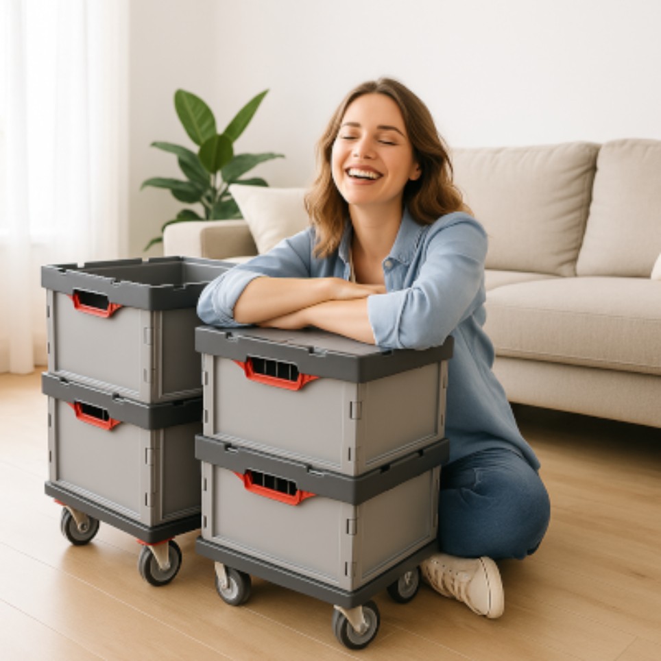 Eine lächelnde Frau sitzt neben stapelbaren grauen Umzugsboxen auf Rollen in einem hellen Wohnraum.