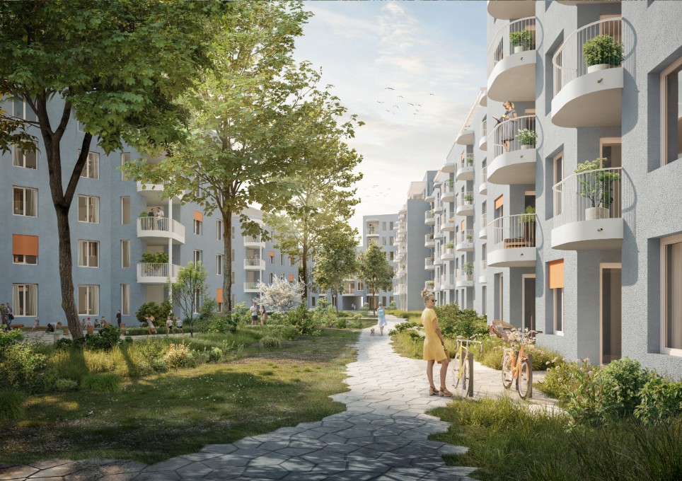Computer-Visualisierung der Gartenanlage eines modernen Neubau-Komplexes