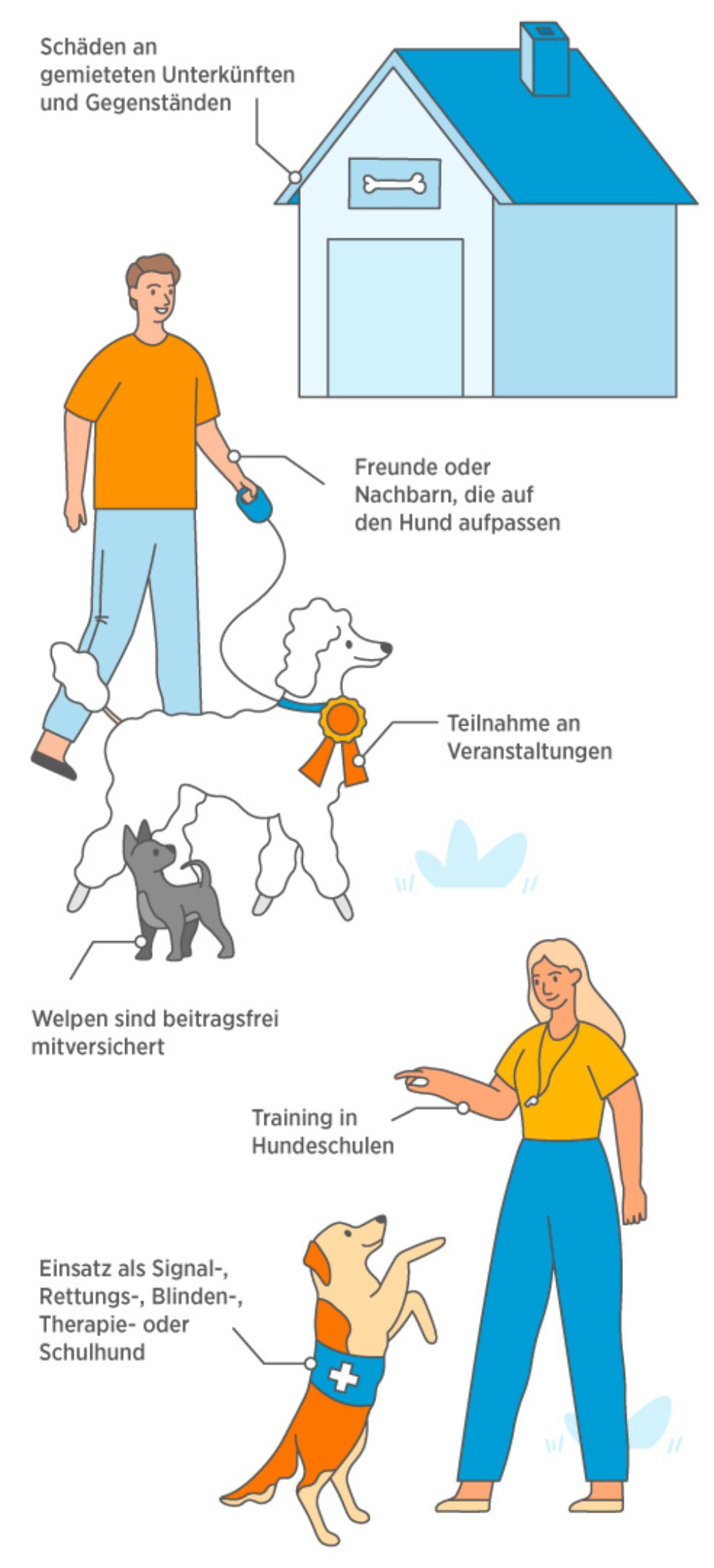 Comicartige Grafik, die verschiedene Leistungen der Hundehaftpflichtversicherung darstellt. <br/>Folgende Leistungen sind erwähnt: <br/>1. Schäden an gemieteten Unterkünften und Gegenständen<br/>2. Freunde oder Nachbarn, die auf den Hund aufpassen<br/>3. Welpen sind beitragsfrei mitversichert<br/>4. Einsatz als Signal-, Rettungs-, Blinden-, Therapie- oder Schulhund<br/>5. Training in Hundeschulen<br/>6. Teilnahme an Veranstaltungen