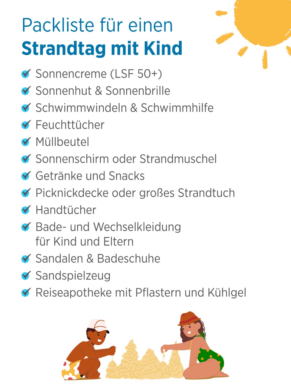 Das Bild zeigt eine Aufzählung an Dingen, die man für einen Strandtag mit einem Kind mitnehmen sollte.